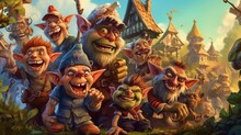 Mischievous Goblins Causing Trouble In A Whimsical Village. Fantasy Concept , Illustration Painting.