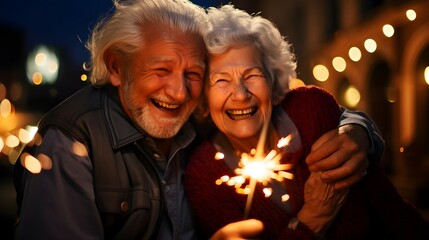 Wall Mural - elderly couple celebrating with holiday sparkles