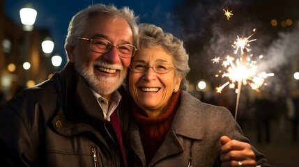 Wall Mural - elderly couple celebrating with holiday sparkles