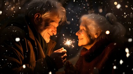 Wall Mural - elderly couple celebrating with holiday sparkles