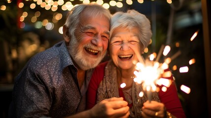 Wall Mural - elderly couple celebrating with holiday sparkles