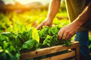 Wall Mural - Closeup of a farmer hands harvesting organic vegetables (lettuce) into a basket, emphasizing the natural farm-to-table process and healthy food