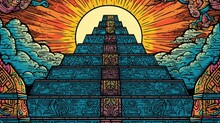Mayan Pyramids And Religious Artwork. Fantasy Concept , Illustration Painting.