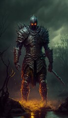 dark fantasy undead knight rotten zombie human in eldritch organic muddy armor dark souls style character brown orange and green lighting swamp landscape in the background witcher style dynamic 