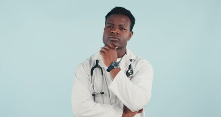 Sticker - Studio black man, idea and doctor thinking of medical decision, hospital choice and brainstorming medicine solution. African nurse, why or surgeon question health, wellness or plan on blue background