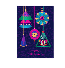 Wall Mural - Merry Christmas and Happy New Year Set of greeting cards, posters holiday covers. Modern Christmas design with  geometric Vector trendy abstract illustration with Christmas toys, snowflakes  in purple