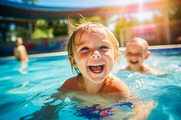 Wall Mural - Joyful young children, sharing smiles, water splashes and laughter as they swim together in a public swimming pool, showcasing fun and friendship