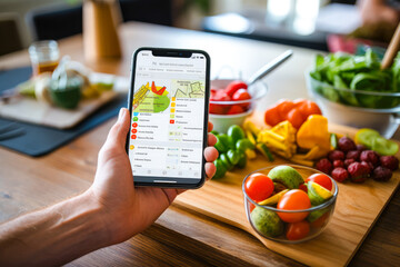 Closeup of a person hand using smartphone app to track calories and nutrients, managing a diet and maintaining a healthy lifestyle