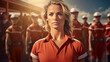 beach rescue squad - portrait of a confident female lifeguard standing with her collogues