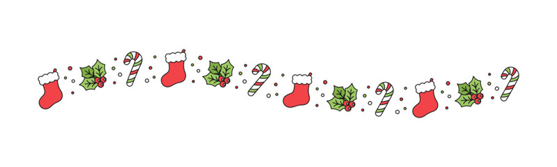 Wall Mural - Christmas themed decorative wavy line border and text divider, Christmas Stocking, Candy Cane and Mistletoe Pattern. Vector Illustration.