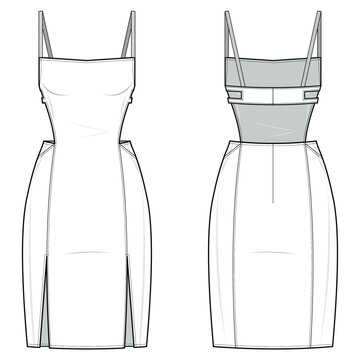 cut-out mini dress flat technical fashion illustration. mini dress with front 2 side slit fashion flat technical drawing template, front view, back view, white color, women, CAD mockup set.