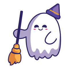 Canvas Print - halloween kawaii ghost and broom