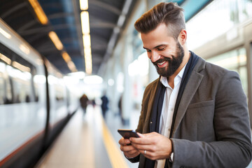 Happy smiling younger man looking at his smart phone at a train station