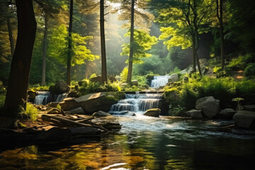  A view of a peaceful forest oasis with pond and soft waterfall and crepuscular rays of sun