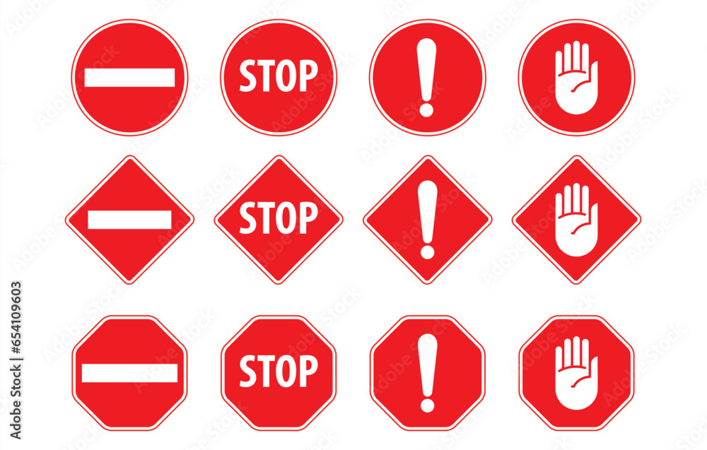 Vetor Set stop red sign icon with white hand, do not enter. Warning ...