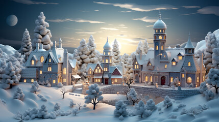 Winter wonderland landscape background at night. Christmas day in village celebration.