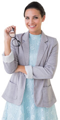 Poster - Digital png photo of happy caucasian woman with glasses and dress, smiling on transparent background