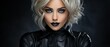 Beautiful woman in Halloween makeup and blond hair. model dressed all in black. Thanksgiving them.