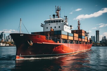 Wall Mural - Logistics and transportation of cargo ship with crane bridge working in shipyard at sunrise, cargo ships on the ocean at twilight sky, freight transport, shipping