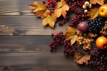 Wall Mural - Flat lay autumn theme on a wooden desk