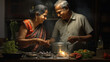 Indian senior couple cooking together