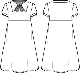 School girl frock dress design flat sketch fashion illustration drawing with front and back view. Women shift dress sketch vector template