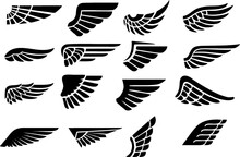 New Set Of Wing Icons, Bird Wings Logo, Flying Eagle Emblem. Minimal Birds Feathers Badge, Heraldic Hawk Or Phoenix Wing Editable Vectors. Angelic Elements Of Different Shapes. Eps 10.