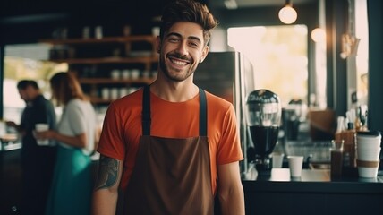 portrait of a cafe worker of a handsome Caucasian guy barista smiling at the camera while standing at the counter. Happy young man in an apron with a glass of coffee. waiter working. background AI