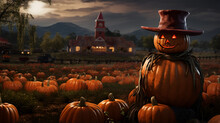 A Smiling Pumpkin Scarecrow With A Top Hat In A Field Of Pumpkins At Night