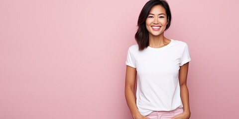 Wall Mural - Asian woman on neutral pink background with free space for text, smiling female with white t-shirt standing, ai generated