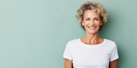 Wall Mural - Beautiful mature woman in her fifties with turquoise background, smiling senior lady in a white t-shirt, studio shot with copy space