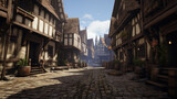 Fototapeta Londyn - Epic medieval cityscape during gaming action.