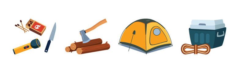 Wall Mural - Camping and Tourist Equipment Object and Items Vector Set