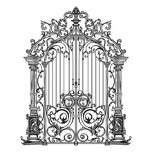 ANTIQUE METAL GATE. Black On White Sketch Of Wrought Iron Bi-fold Garden Doors. Church Gate With Scrolls And Leaves.