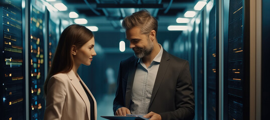 Fototapete - Two IT server technicians talking in a data centre and discussing software and malware system, Professional computer engineers.