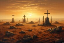 Landscape Depiction Of Three Crosses At Calvary Where Jesus Died For Humans. Generative AI