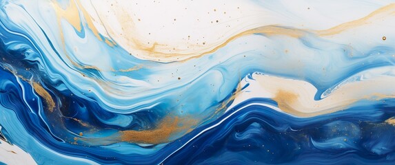 Poster - Abstract marbled oil acrylic paint background. Dark Blue, white and gold color Ink painted waves with glitter. Colorful Painting texture. Banner on canvas. Color swirls waves.