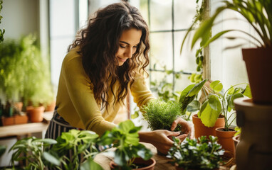 A Millennial tending to indoor plants. Generative AI