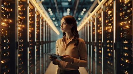 Fototapete - Female Technician working in server room or supercomputer electricity backup room.