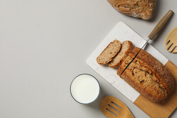 Wall Mural - Breakfast tasty food concept - milk with bakery products