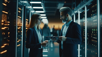 Fototapete - IT advisors working and discussing in Server room.
