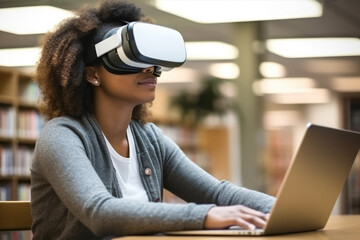 Aufkleber - African American student wearing virtual reality glasses, Sitting at desk with laptop in library, Innovation for education concept.
