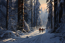 Photo Of Cross-country Skiers Gliding Through A Serene Snow-covered Forest Trail