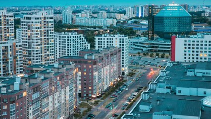 Wall Mural - Minsk, Belarus. National Library Building In Evening Night. Famous City Hi-tech Modern Landmark. Time-lapse Evening Lighting Scenic View Of Library.