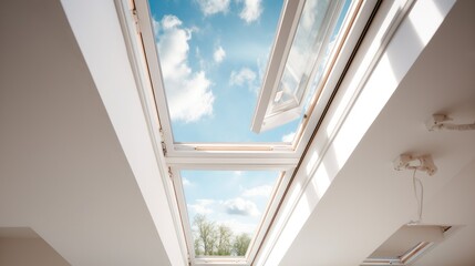 Open skylight roof window on slanted ceiling in attic room at modern home.