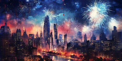 Wall Mural - Colorful Fireworks at Night with View of the Cityscape. New Year Celebration