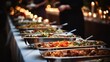 Line catering buffet food in restaurant with meat colorful fruits and vegetables.