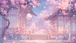 Cherry blossom background. Spring landscape with blooming sakura and wooden house in the Japanese anime background.