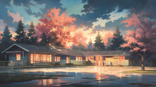 Fantasy Landscape With Traditional Japanese Buildings At Night In The Anime Background.