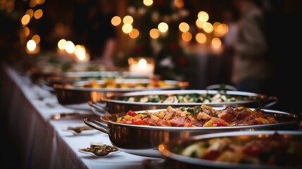 Line catering buffet food in restaurant with meat colorful fruits and vegetables.